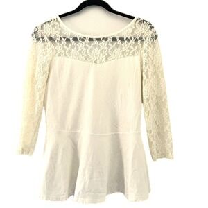 Express Womens Cream Ivory Lace Peplum Top 3/4 Sleeve Scoop Neck Medium